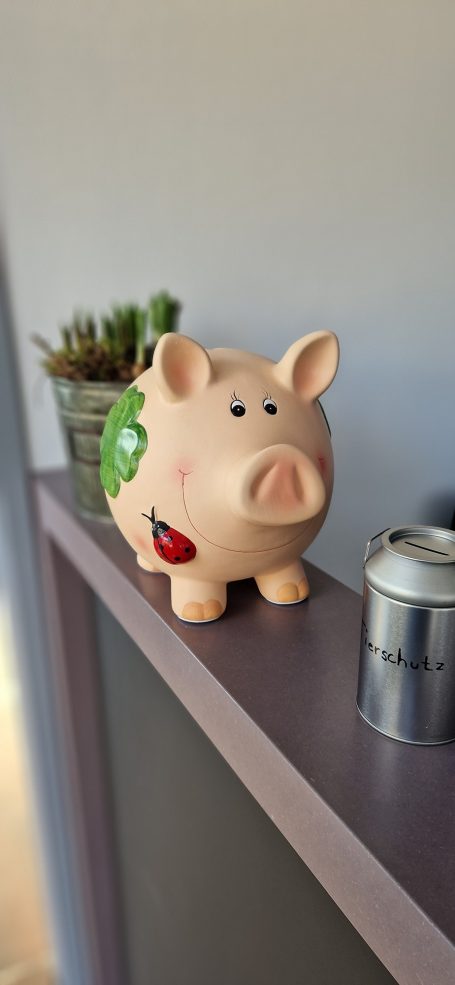 Gestreiftes Sparschwein auf einem Regal mit einem kleinen Pflanzenbehälter im Hintergrund.